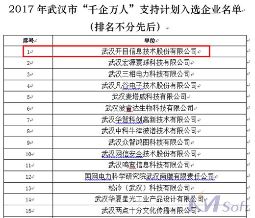 开目公司入选2017年武汉市“千企万人”支持计划